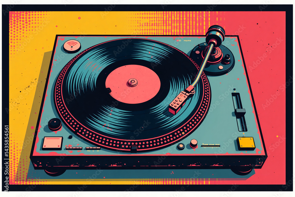 Obraz premium Pop art teal turntable in yellow and red representing music and vintage audio