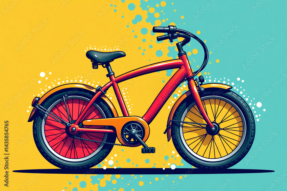 Fototapeta premium Pop art retro bicycle illustration in red, yellow, and teal representing transport and leisure