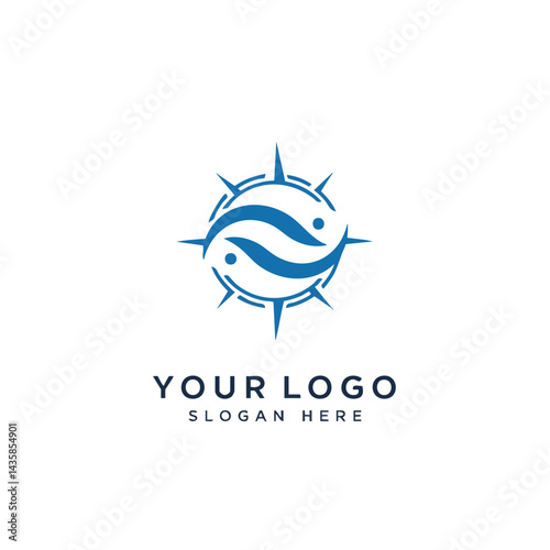 Abstract logo design template compass rose combined with blue fish wave yin yang symbol vector illustration isolated.

