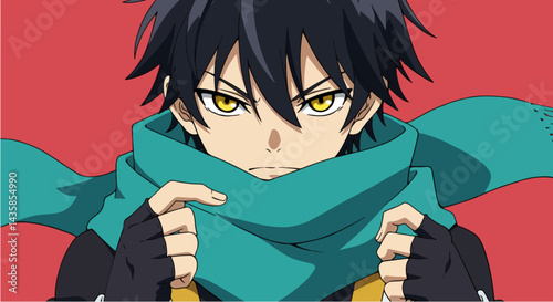Anime male character portrait, serious expression, teal scarf, red background, for graphic design