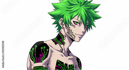 Anime male character portrait, with bright green hair and cybernetic tattoos, against white background, for graphic novels