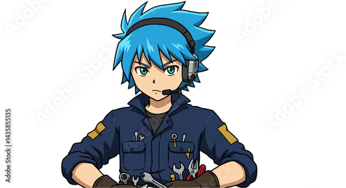 Anime boy mechanic with tools, serious expression, white background, for websites and graphic design