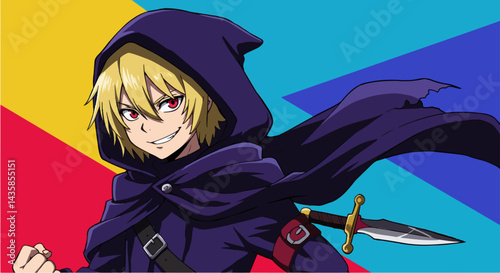 Young person in dark purple hooded cloak, smirking, with a dagger, against a colorful background, for animation, fantasy, or gaming projects