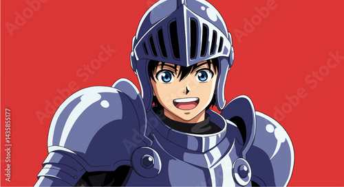 Smiling young knight in armor, against red background, for fantasy game design