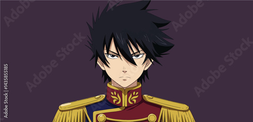 Anime male character in uniform, serious expression, against purple background, for graphic design
