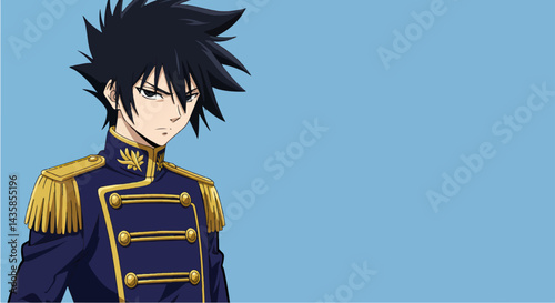 Anime boy in uniform, serious expression, light blue background, for graphic design