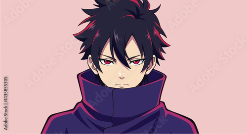 Anime boy portrait, serious expression, pink background, for social media