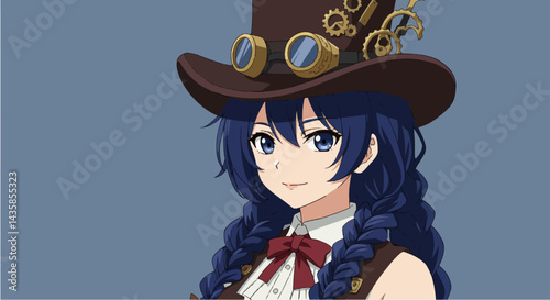 Anime girl with steampunk hat, blue hair, and subtle smile, for website design