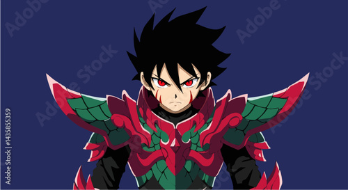 Anime boy in red and green armor, fantasy illustration