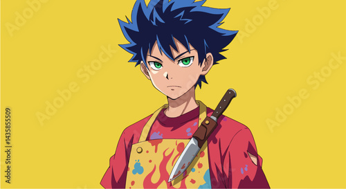 Anime boy chef, serious expression, holding knife, yellow background, for culinary websites