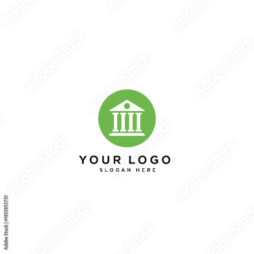 White classical building icon inside green circle, logo for eco-finance, sustainable governance, or environmental institutions.
