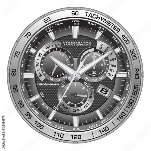 Realistic silver clock watch grey face chronograph luxury on white background vector