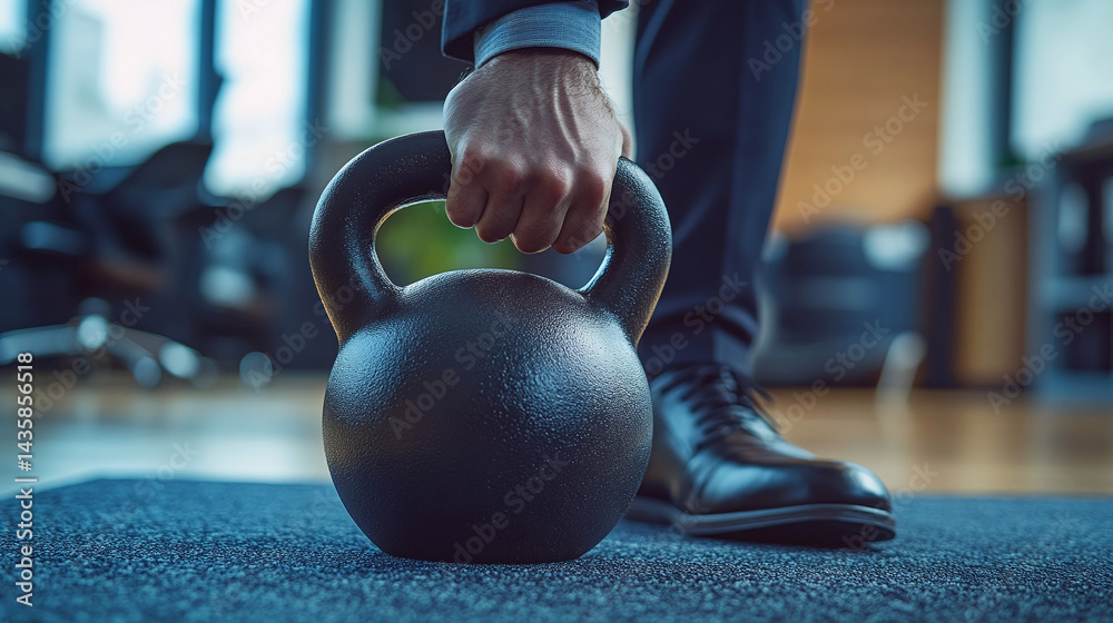 Fototapeta premium Heavy weight stands in front of serious businessman in office room — visual metaphor of responsibility, difficulties and corporate challenges