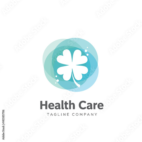 Health Care logo design four leaf clover luck symbol inside abstract blue green swirl icon template illustration isolated.

