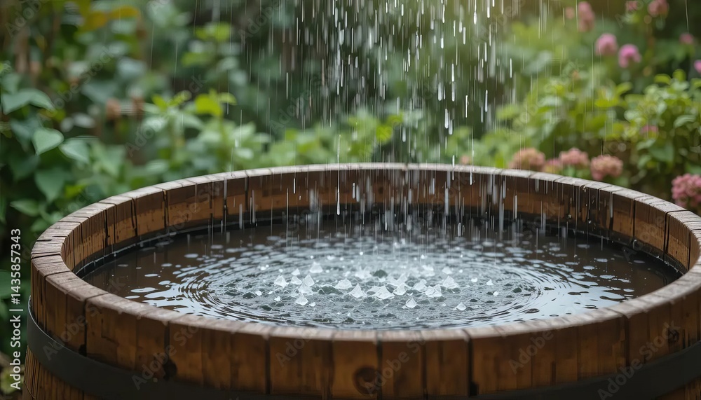 custom made wallpaper toronto digitalA wooden barrel filled with rainwater in a garden with rain falling around it
