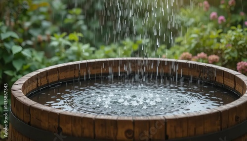 Wallpaper Mural A wooden barrel filled with rainwater in a garden with rain falling around it Torontodigital.ca