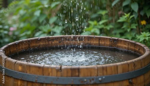 Wallpaper Mural A wooden barrel filled with rainwater in a garden with rain falling around it Torontodigital.ca
