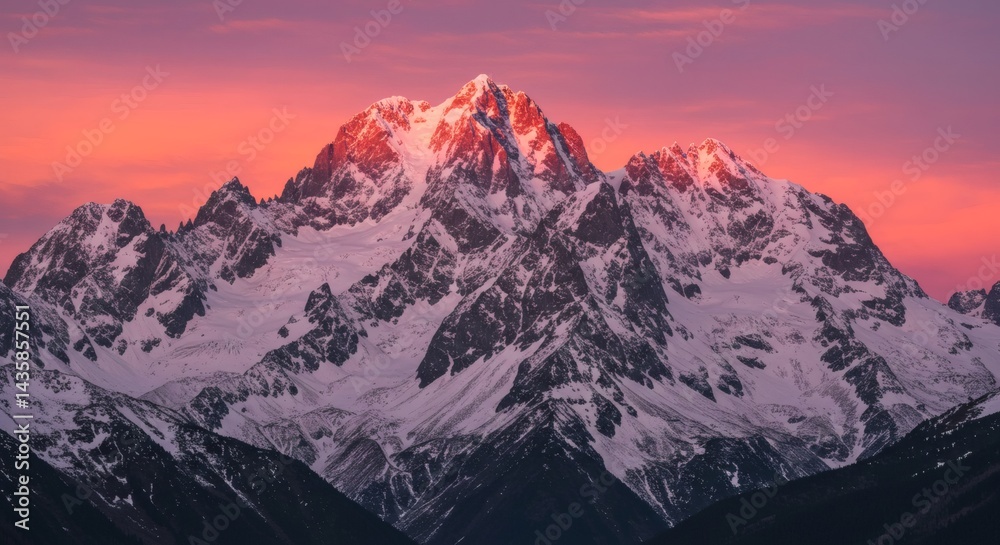 Obraz premium Majestic snow-capped mountain range bathed in the warm hues of the sunrise, creating a stunning alpine landscape. Unforgettable nature.
