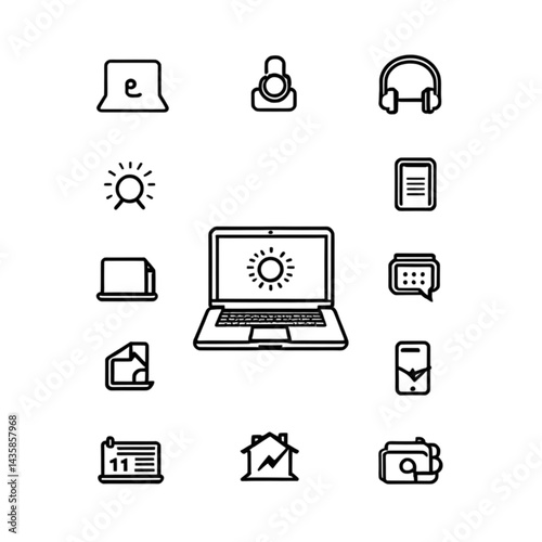 ノートパソコンと仕事のアイコンセット｜Laptop and Work Icon Set