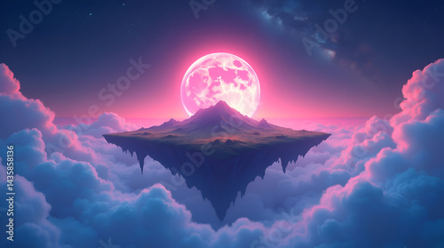 Dreamlike Starry Night with Magical Floating Land , Ai generative