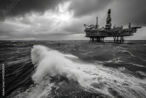 Dramatic Offshore Oil Rig Amid Turbulent Waves and Overcast Sky