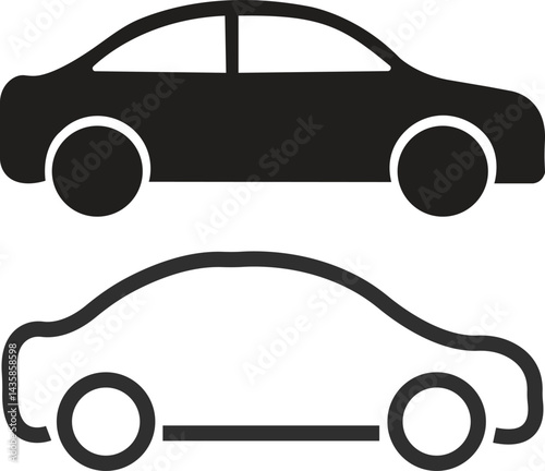 Simple car icon collection black flat and outline styles. Transport, car sharing or delivery concept vectors illustration. Sedan car, vehicle or automobile symbols isolated on transparent background.