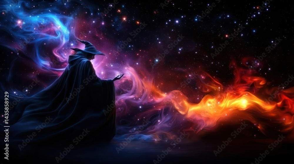 Fototapeta premium Witch conjuring magic in cosmic nebulae background