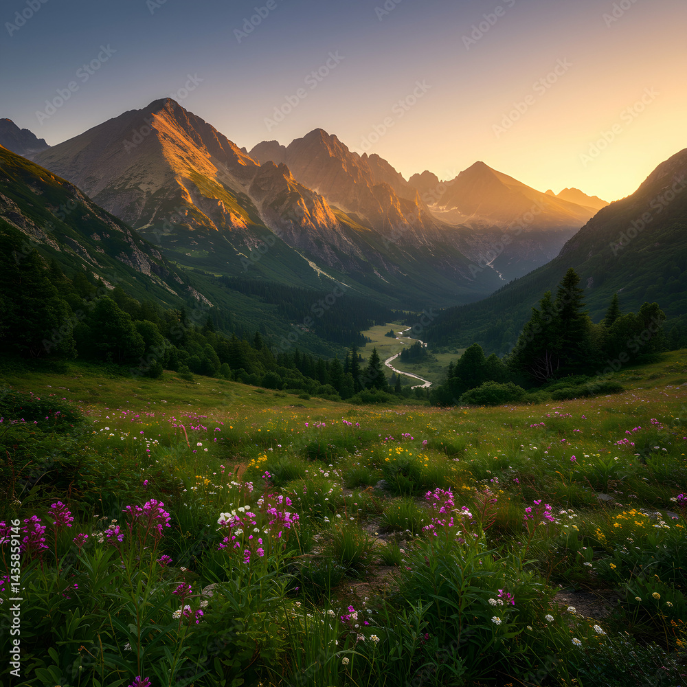 Fototapeta premium Majestic Sunset over Wildflower Meadow and Mountain Range
