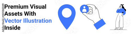 Hand holding a user profile icon beside a large location pin and a woman holding her phone. Ideal for navigation, user profiles, recruitment, mobile apps, technology, analytics, flat landing page