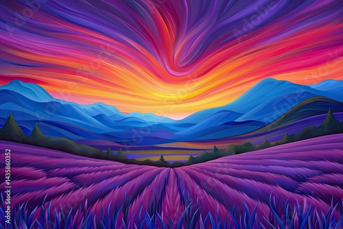 A stunning sunset casts vibrant colors over a peaceful farm, where lavender fields stretch across the land, framed by distant hills and a colorful sky that radiates warmth and calm