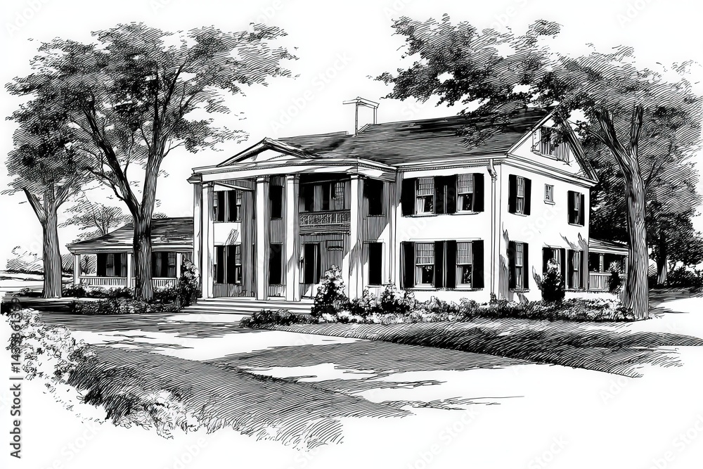 Elegant Traditional House Design with Porch Surrounded by Trees