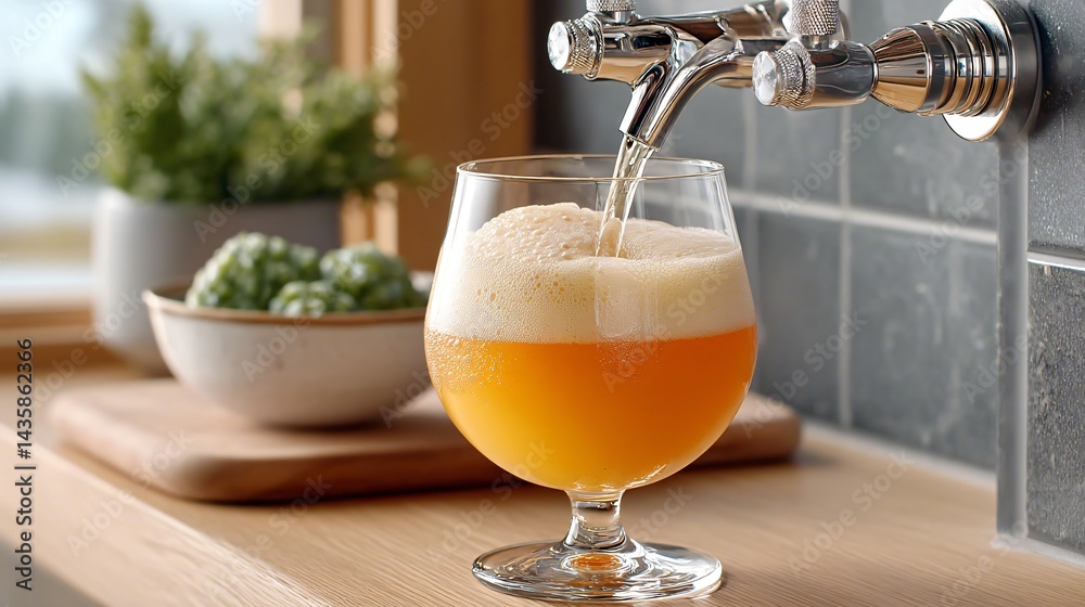 A bartender pouring hazy IPA into a glass with foam crown under warm tungsten lights and empty dark wall space to the right for overlay text
