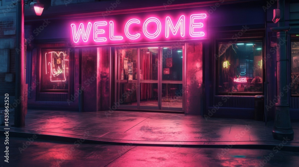 Pink Neon Welcome Sign at Night City Street Pink Neon Welcome Sign at Night City Street