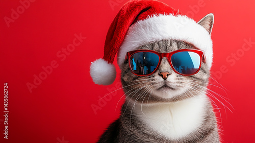 Festive Christmas Holiday Greeting Card featuring a Cool Santa Claus Cat with Sunglasses and a Santa Hat