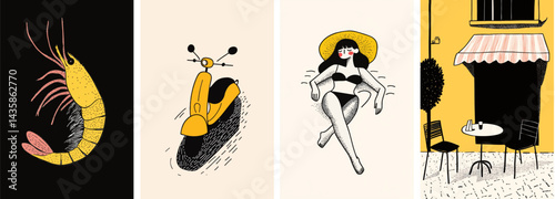 Summer holiday in Europe. Set of European summer holiday hand drawn style scenes