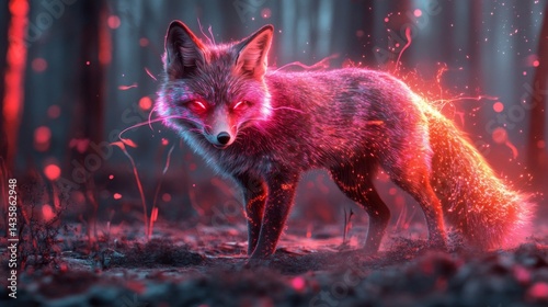 Glowing Red And Pink Fox In Dark Forest
