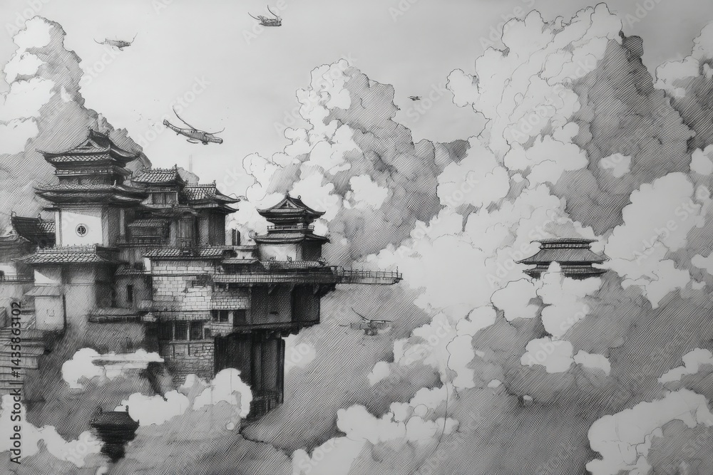 Ethereal Floating Castle Surrounded by Clouds and Airships