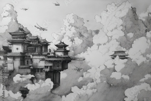 Ethereal Floating Castle Surrounded by Clouds and Airships