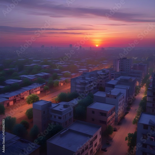 A sprawling urban landscape, dotted with trees, stretches toward the glowing sunset on the horison photo