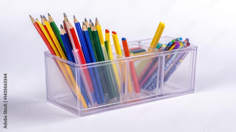 Fototapeta premium Clear acrylic desktop containers with divided slots for categorized stationery