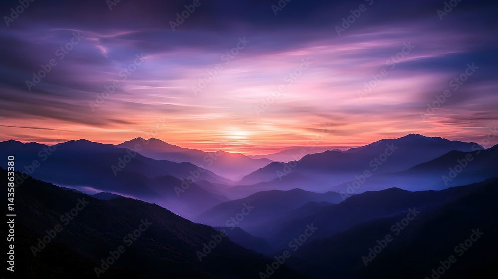 Fototapeta premium A peaceful mountain sunset with pastel colors in the sky and the silhouettes of distant peaks in the background.