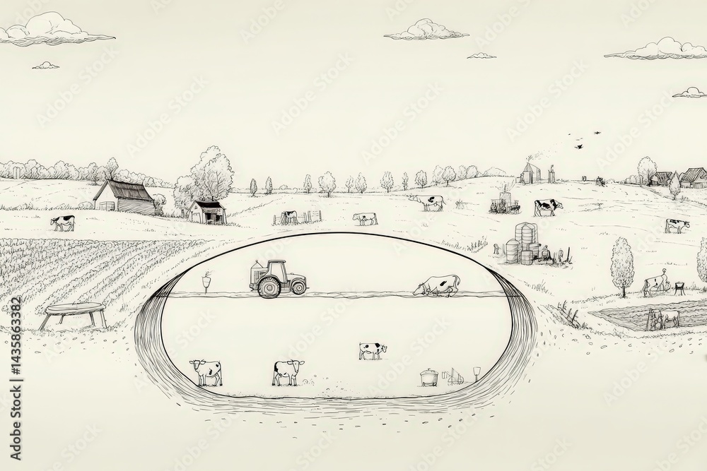Farm Landscape with Cows, Tractor, Fields, and Rural Life Illustration