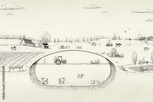 Obraz na płótnie Farm Landscape with Cows, Tractor, Fields, and Rural Life Illustration w salonie