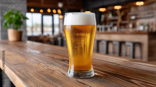 A frosty pint of golden lager on a weathered wooden bar top under warm ambient pub lighting with soft bokeh background and empty space on the right for overlay text