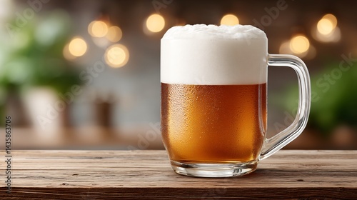 A frosty pint of golden lager on a weathered wooden bar top under warm ambient pub lighting with soft bokeh background and empty space on the right for overlay text