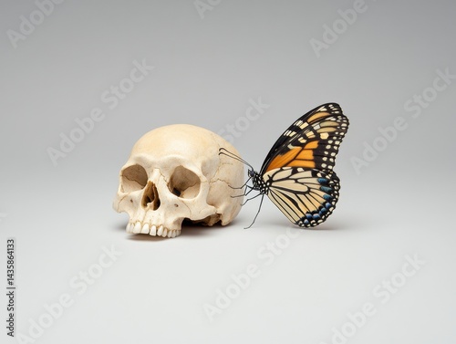 A human skull rests beside a vibrant butterfly against a neutral backdrop, creating a striking contrast between life and death