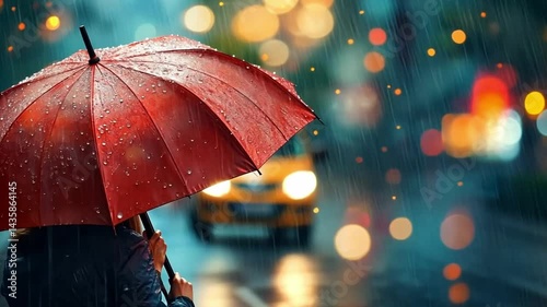 Wallpaper Mural This stunning image features a red umbrella in a rain-soaked city. Bokeh lights twinkle in the background. It evokes feelings of warmth and nostalgia. AI Torontodigital.ca