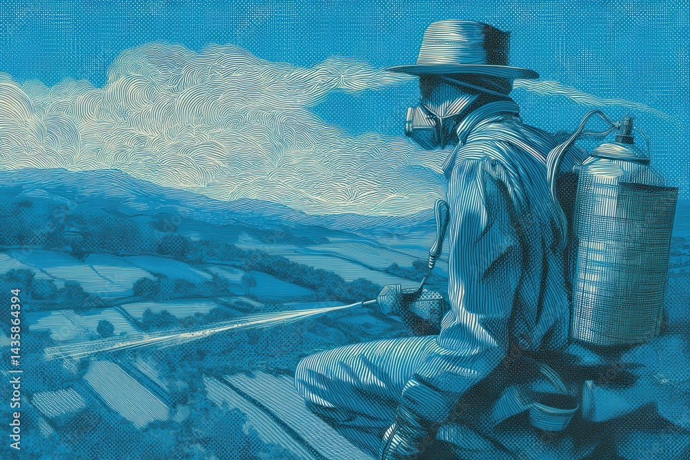 Farmer in Protective Gear Spraying Pesticides Over Crops Landscape
