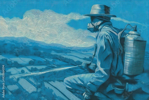 Farmer in Protective Gear Spraying Pesticides Over Crops Landscape