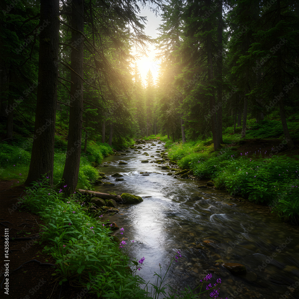Obraz premium Sunlit Forest Stream: Nature Photography, Peaceful Creek, Lush Greenery, Tranquil Scene